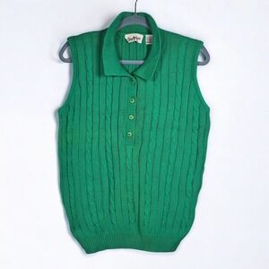 VTG Stoppey Knits Vest Women S Green Cable Knit Collared Sleeveless Sweater Top